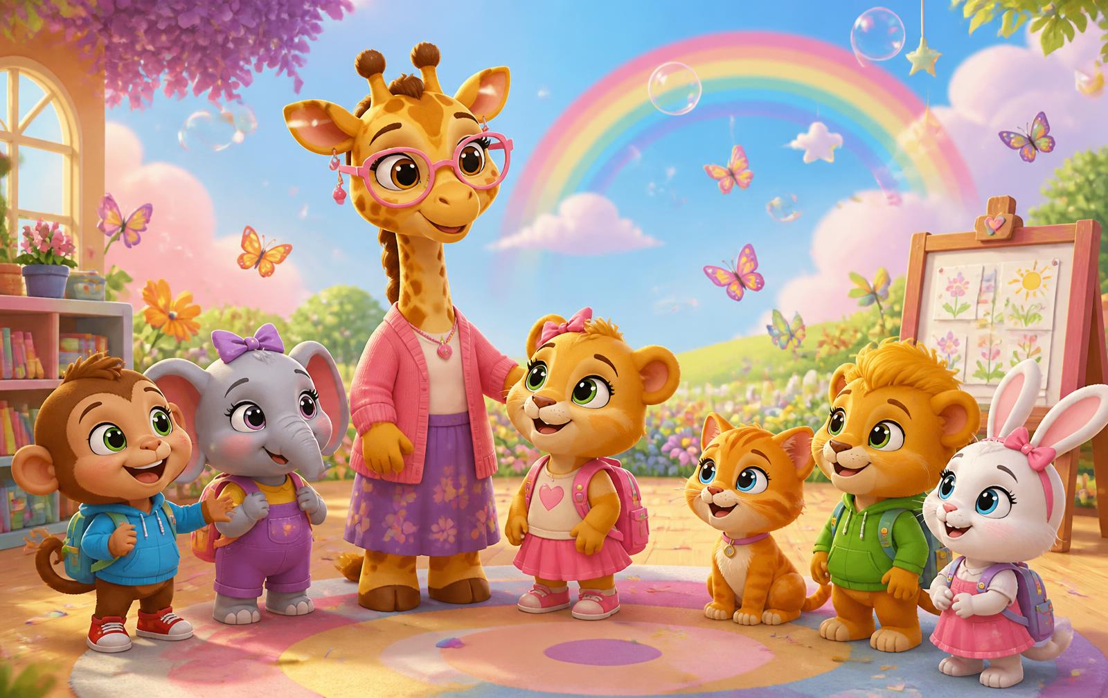 Luna la petite lionne, Mme Girafe et tous les amis des Bêtises de Luna dans leur école arc-en-ciel